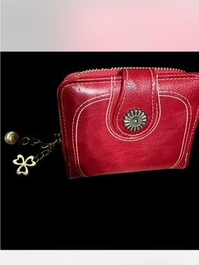 Cherry red Sheng Tong trifold faux leather wallet with metal clover charms NWOT